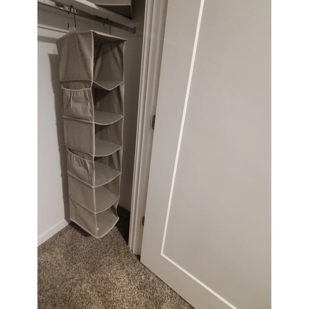Grey 6-Shelf Hanging Closet Organizer with Side Pockets and Metal Hooks